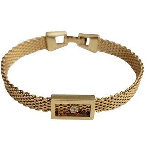 Amway Gold Tone Mesh Chain Rhinestone Bracelet, Signed
